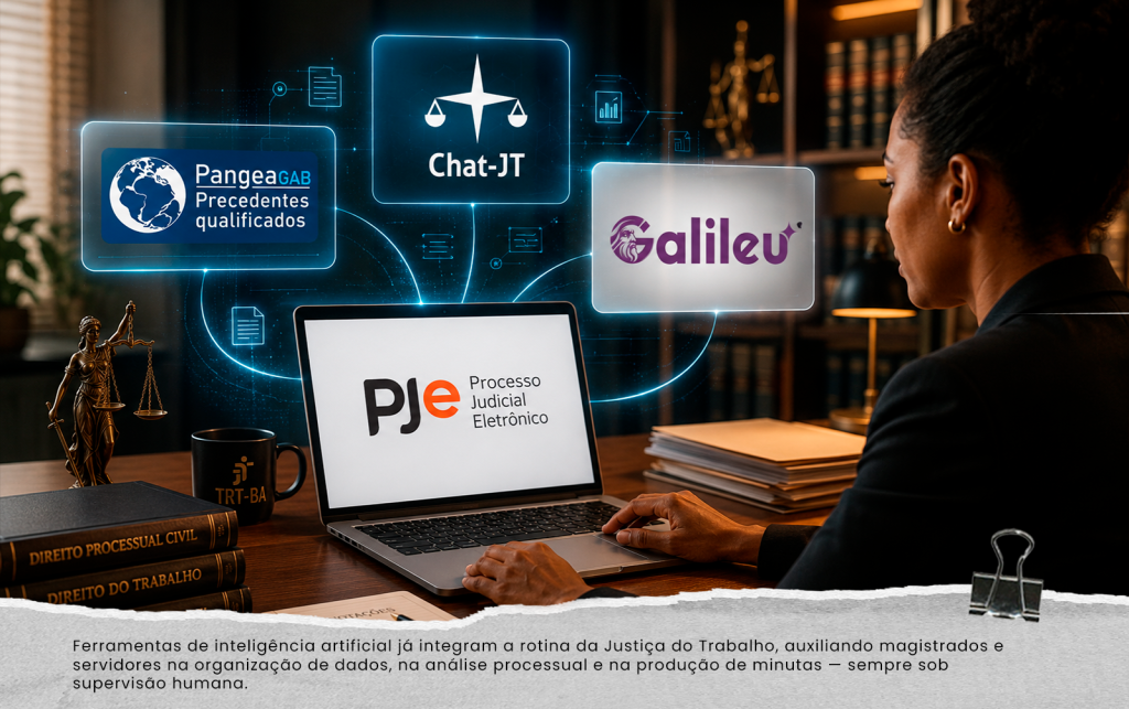Ferramentas de inteligência artificial já integram a rotina da Justiça do Trabalho, auxiliando magistrados e servidores na organização de dados, na análise processual e na produção de minutas — sempre sob supervisão humana.